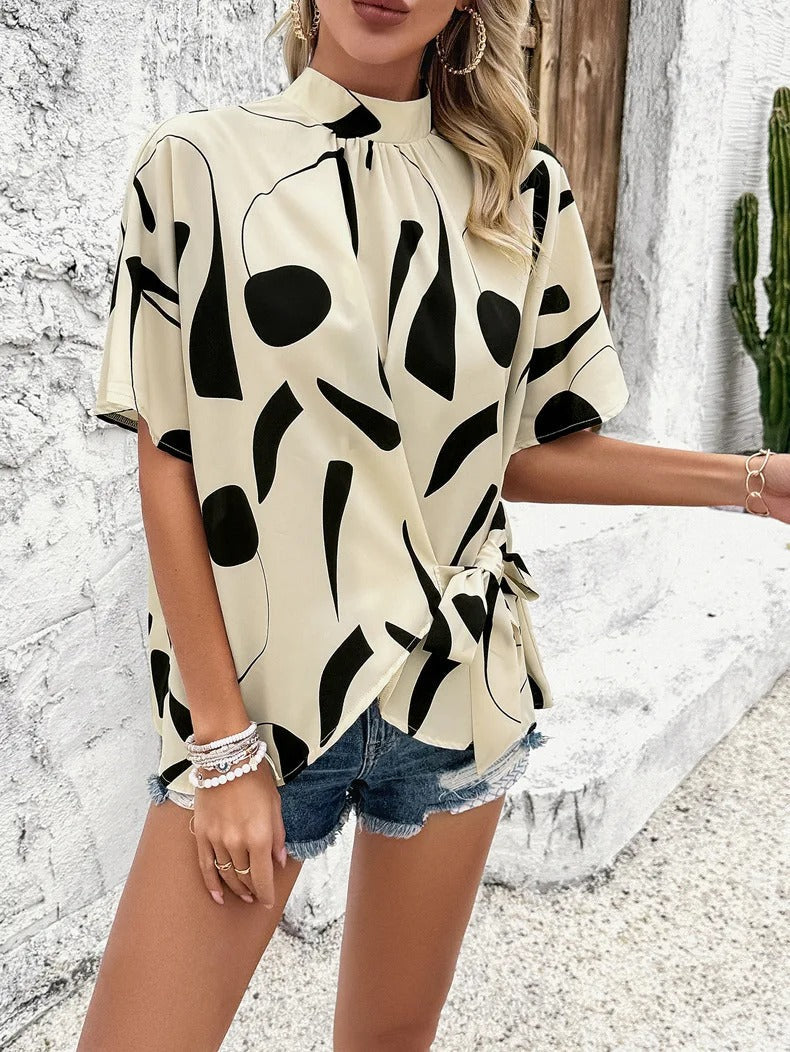 Women's Blouse Abstract Design Loose Fit Beige Black Lightweight Summer Top 0