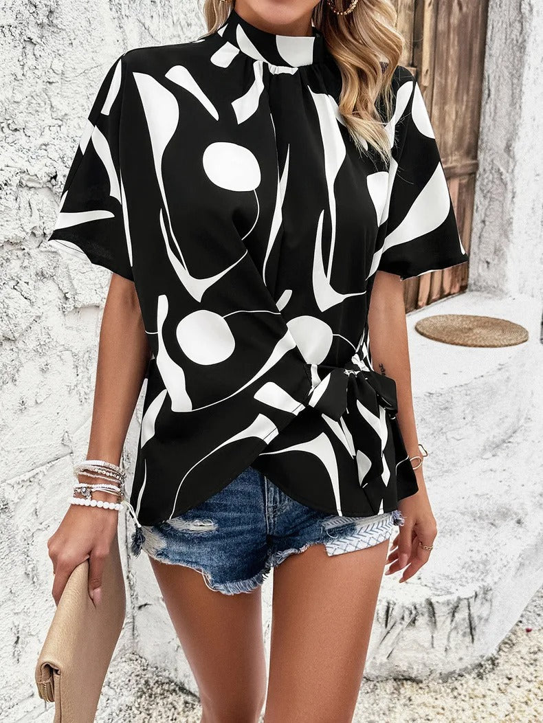Women's Blouse Abstract Design Loose Fit Beige Black Lightweight Summer Top 4