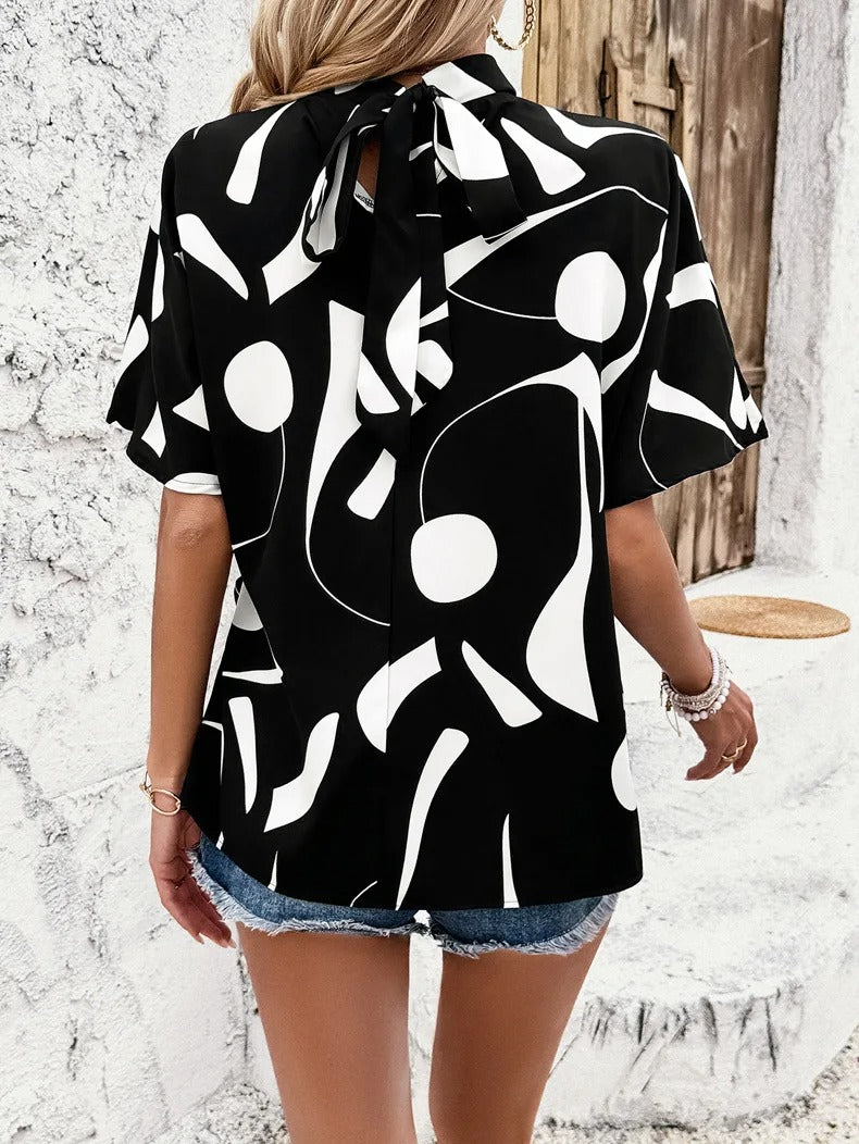 Women's Blouse Abstract Design Loose Fit Beige Black Lightweight Summer Top 6
