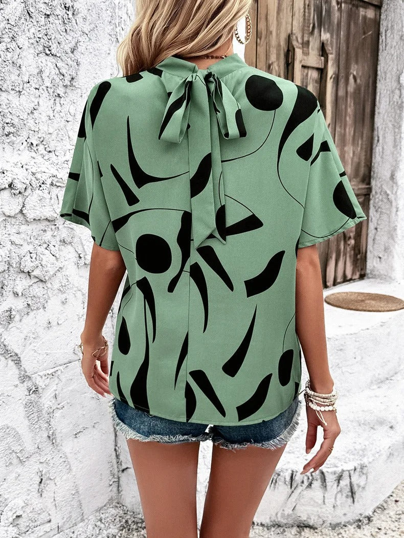 Women's Blouse Abstract Design Loose Fit Beige Black Lightweight Summer Top 8