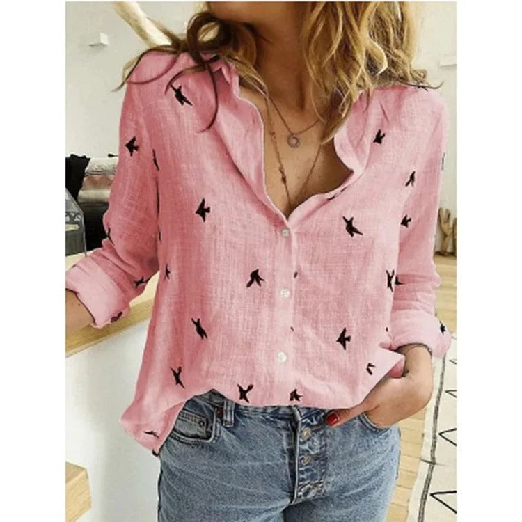 Women's Blouse Long Sleeve Button-Down Elegant Design Breathable Cotton Blend 3