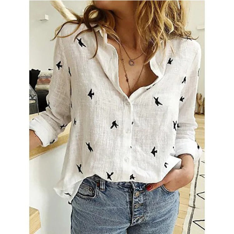 Women's Blouse Long Sleeve Button-Down Elegant Design Breathable Cotton Blend 4