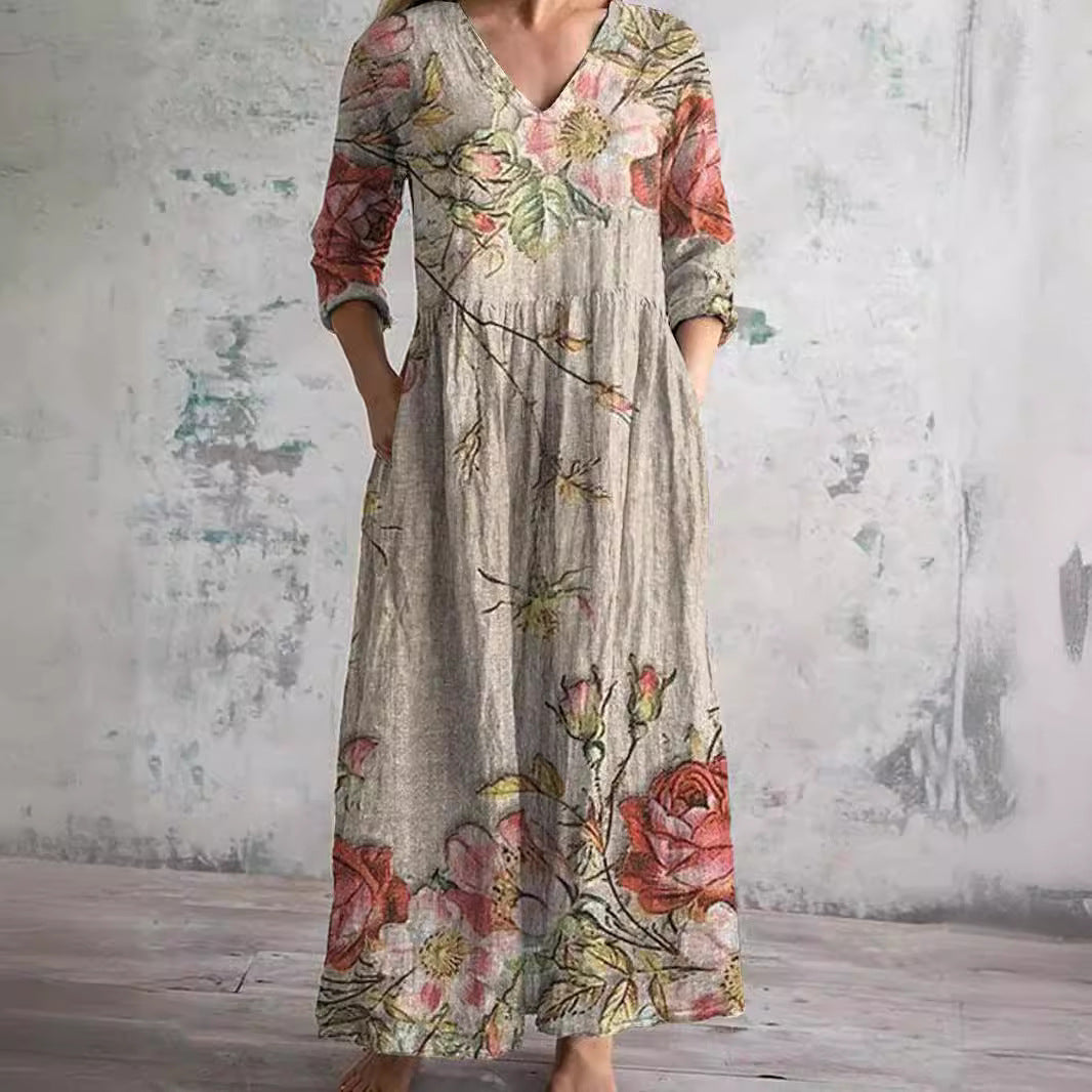 Women's Floral Maxi Dress V-Neck Ankle-Length Three-Quarter Sleeves Lightweight Summer Dresses 0