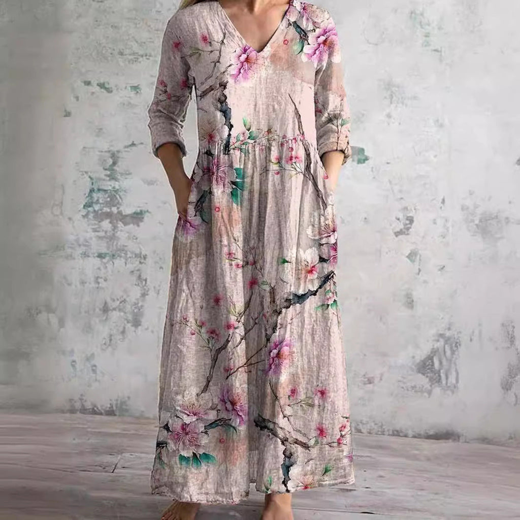Women's Floral Maxi Dress V-Neck Ankle-Length Three-Quarter Sleeves Lightweight Summer Dresses 1