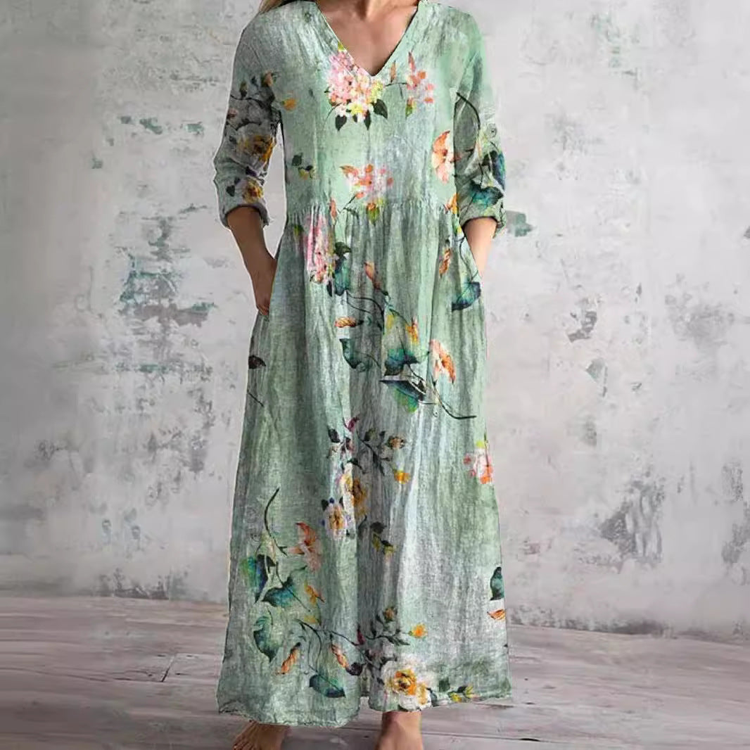 Women's Floral Maxi Dress V-Neck Ankle-Length Three-Quarter Sleeves Lightweight Summer Dresses 2
