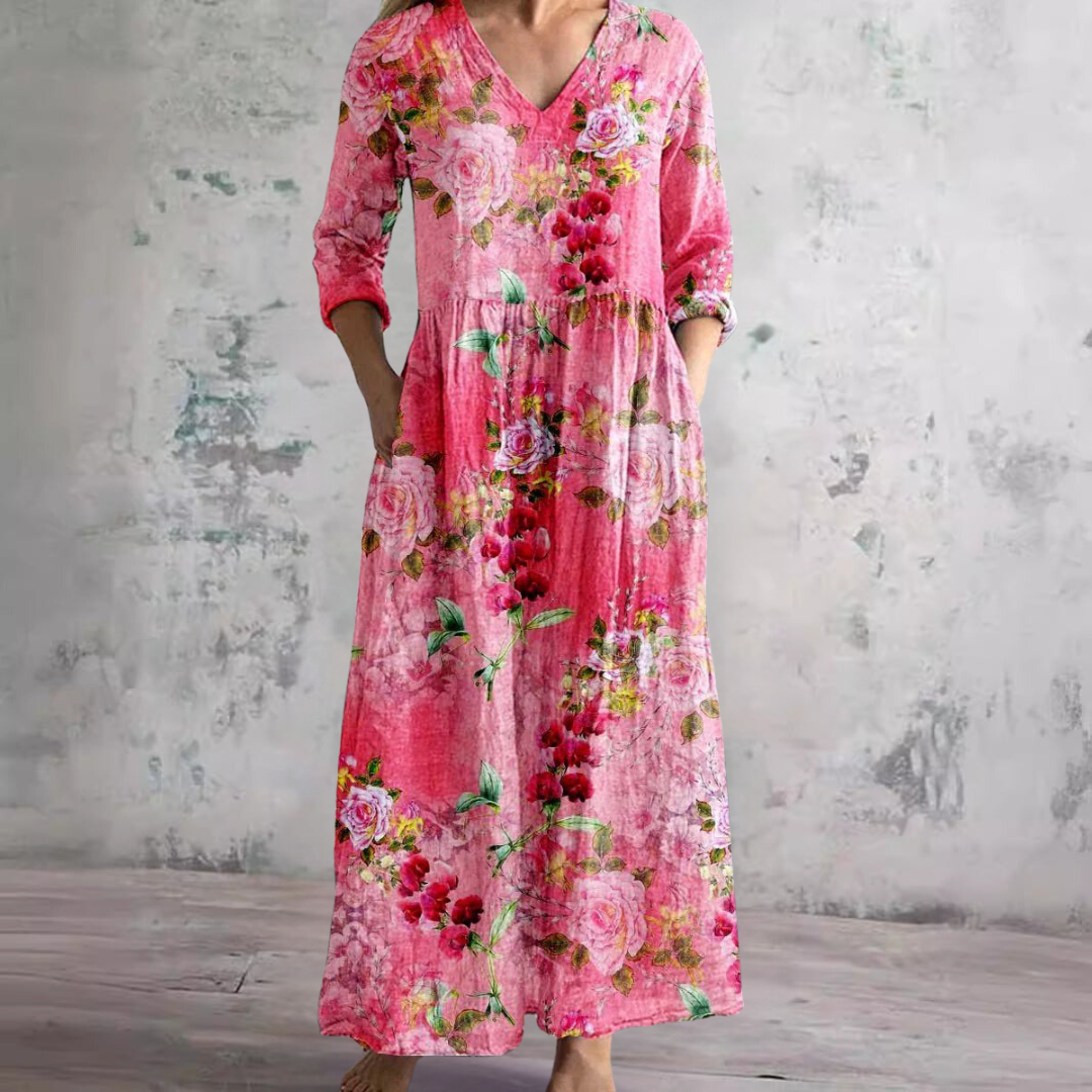 Women's Floral Maxi Dress V-Neck Ankle-Length Three-Quarter Sleeves Lightweight Summer Dresses 3