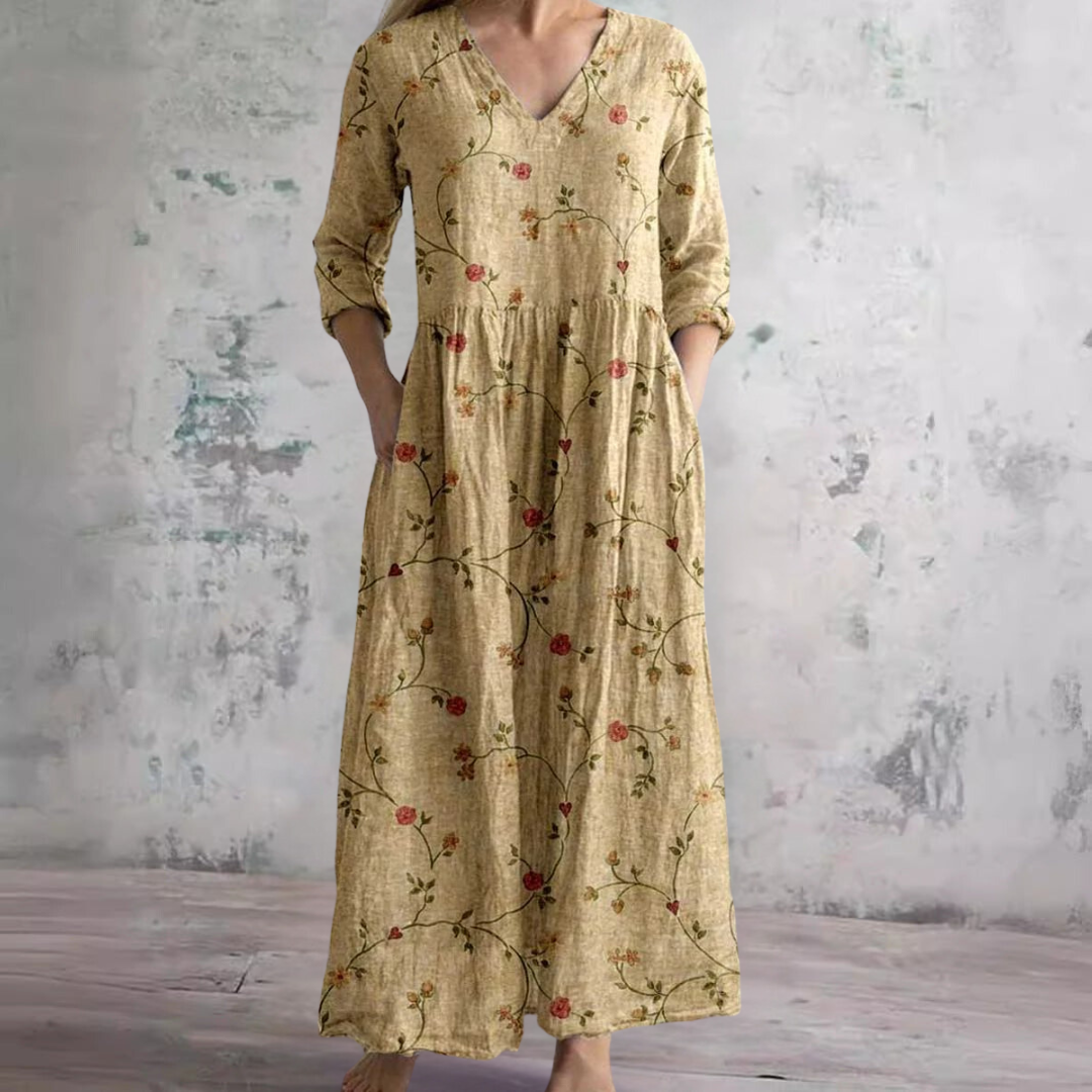 Women's Floral Maxi Dress V-Neck Ankle-Length Three-Quarter Sleeves Lightweight Summer Dresses 4