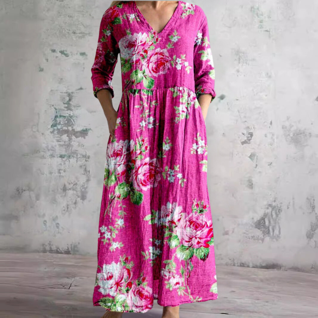 Women's Floral Maxi Dress V-Neck Ankle-Length Three-Quarter Sleeves Lightweight Summer Dresses 5
