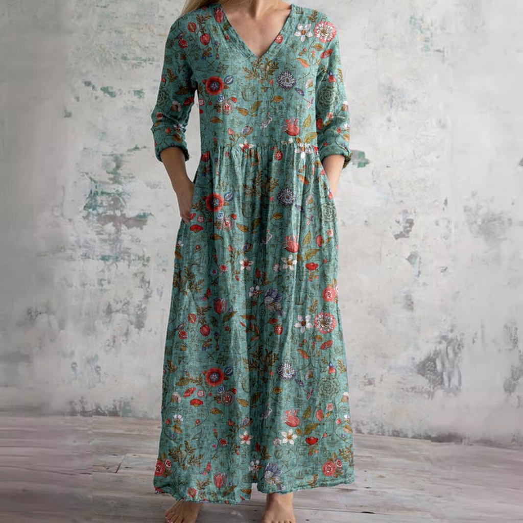 Women's Floral Maxi Dress V-Neck Ankle-Length Three-Quarter Sleeves Lightweight Summer Dresses 6