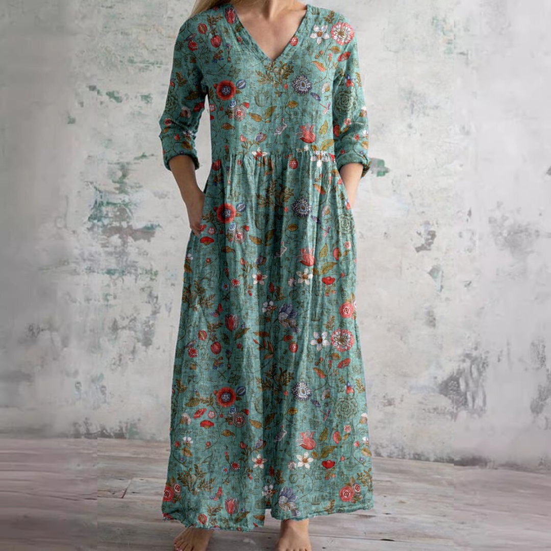 Women's Floral Maxi Dress V-Neck Ankle-Length Three-Quarter Sleeves Lightweight Summer Dresses 6