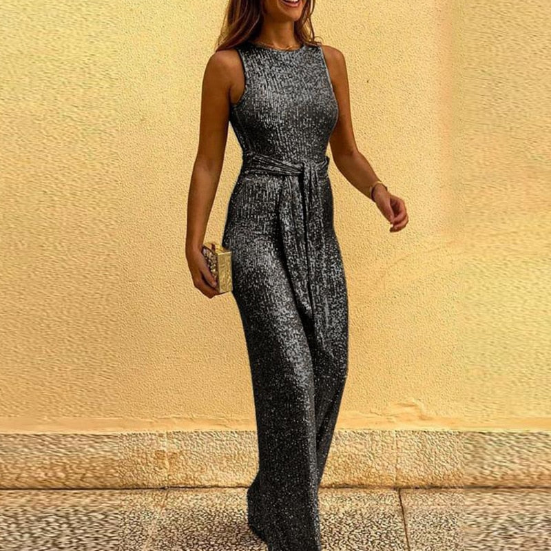 Women's Sequin Jumpsuit Black Glitter Party Outfit Elegant Fit 0