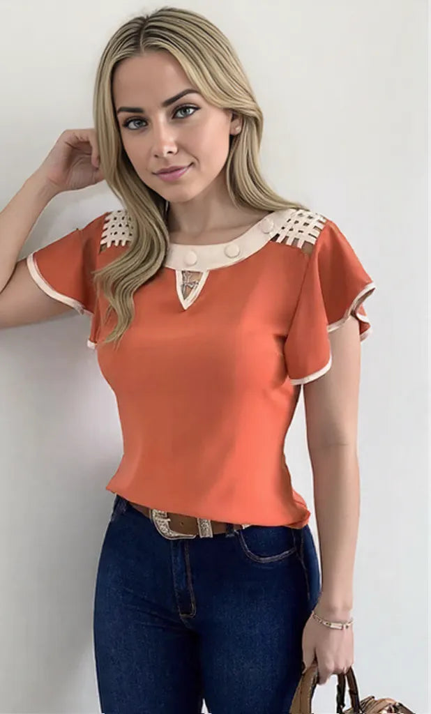 Women's Top Ruffled Sleeves Orange White Black Polyester Sizes S-2XL 0