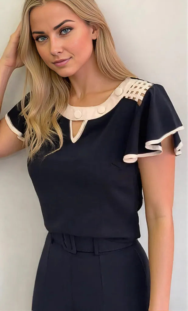Women's Top Ruffled Sleeves Orange White Black Polyester Sizes S-2XL 1